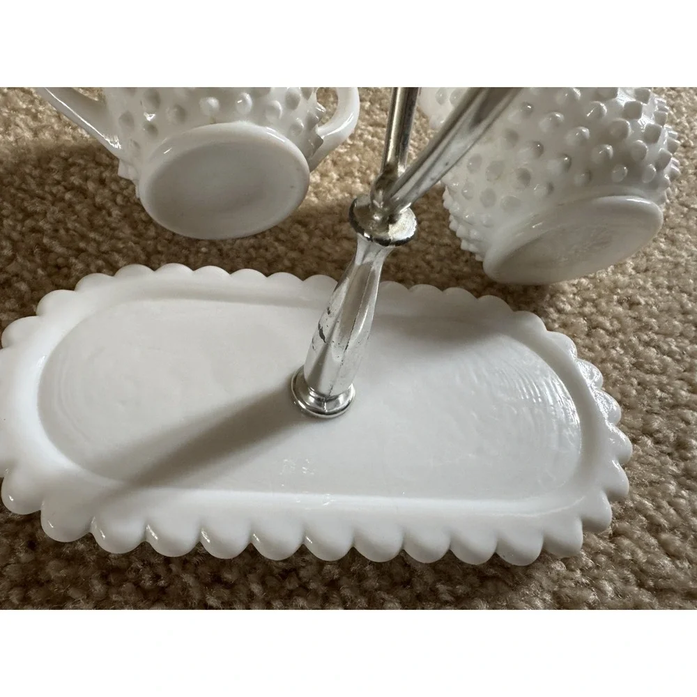 Fenton Hobnail Milk Glass Sugar Bowl and Creamer Set With Tray Vintage